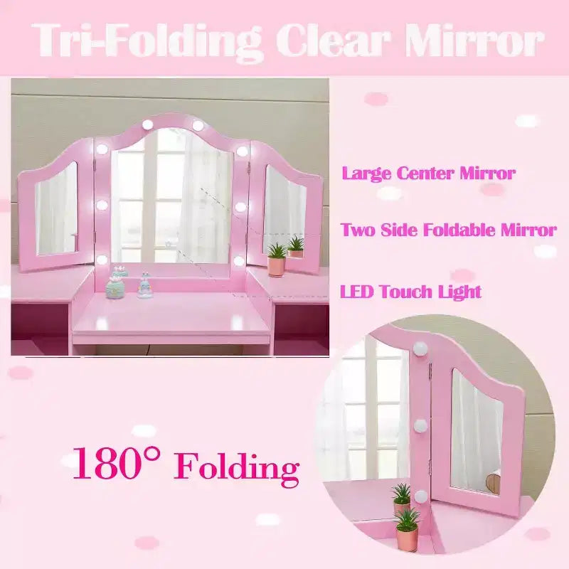 Coiffeuse 2 en 1 pour enfants avec lumières, ensemble bureau et chaise de princesse, étagères de rangement et armoire pour jeu d'imitation