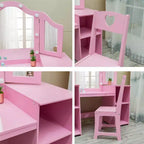 Coiffeuse 2 en 1 pour enfants avec lumières, ensemble bureau et chaise de princesse, étagères de rangement et armoire pour jeu d'imitation