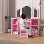Coiffeuse 2 en 1 pour enfants avec lumières, ensemble bureau et chaise de princesse, étagères de rangement et armoire pour jeu d'imitation
