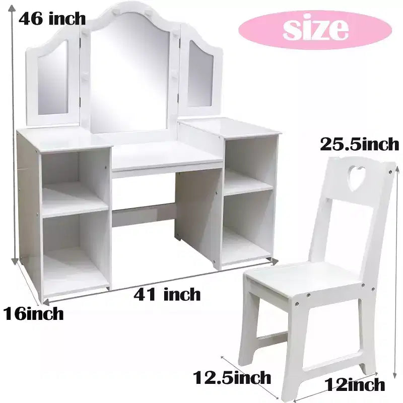 Coiffeuse 2 en 1 pour enfants avec lumières, ensemble bureau et chaise de princesse, étagères de rangement et armoire pour jeu d'imitation