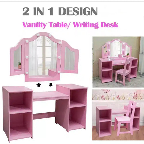 2-in-1 Kids Vanity with Lights, Princess Makeup Desk and Chair Set, Storage Shelves & Cabinet for Pretend Play