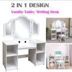 Coiffeuse 2 en 1 pour enfants avec lumières, ensemble bureau et chaise de princesse, étagères de rangement et armoire pour jeu d'imitation