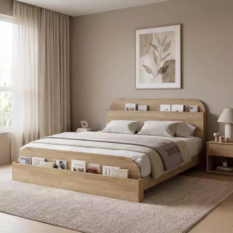 COZONY Bed Frame, Wooden Platform with Storage Headboard, Raised Footboard, Sturdy Slats, No Box Spring Needed