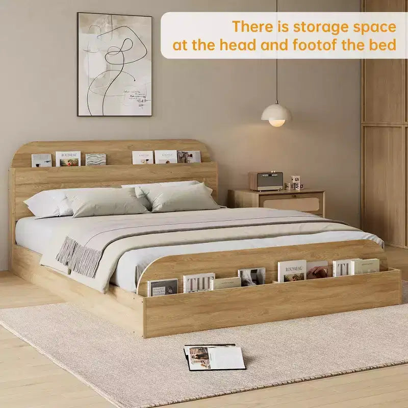 Cadre de lit COZONY, plateforme en bois avec tête de lit de rangement, pied de lit surélevé, lattes robustes, pas besoin de sommier tapissier