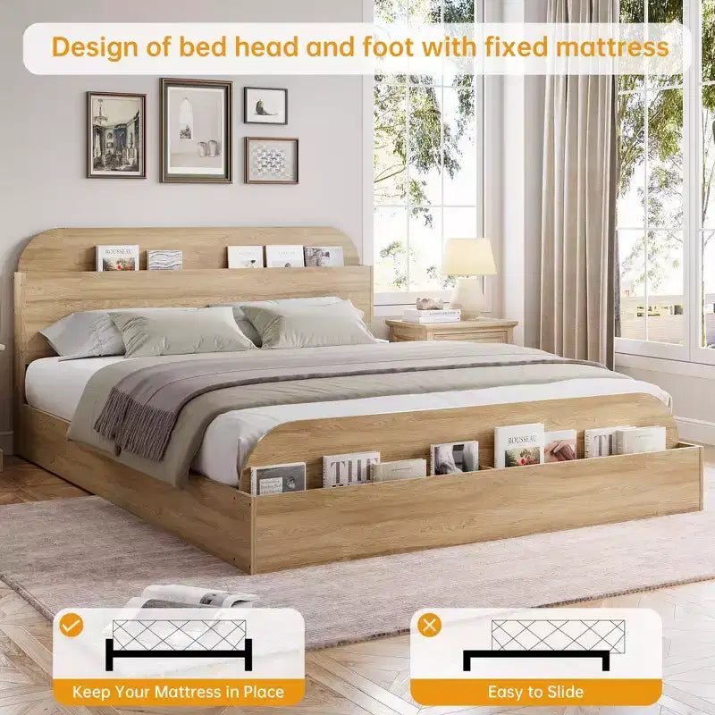 Cadre de lit COZONY, plateforme en bois avec tête de lit de rangement, pied de lit surélevé, lattes robustes, pas besoin de sommier tapissier