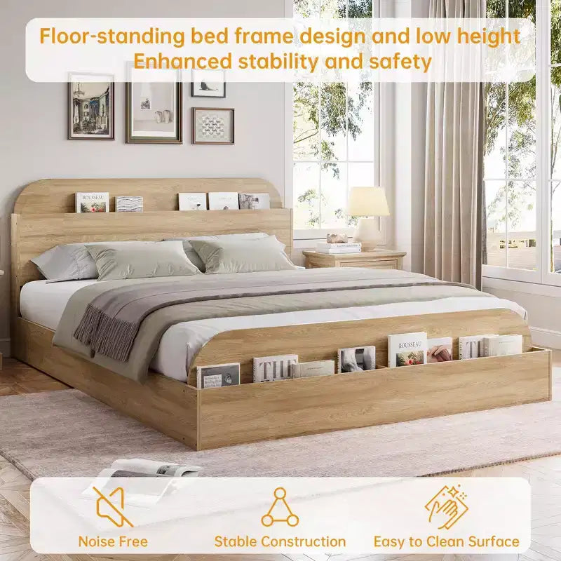 Cadre de lit COZONY, plateforme en bois avec tête de lit de rangement, pied de lit surélevé, lattes robustes, pas besoin de sommier tapissier