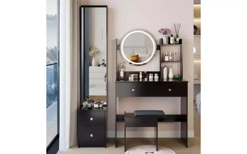 Ensemble de coiffeuse naturelle de 17 pouces avec armoire-miroir pleine longueur et lumières, rangement et tabouret assorti pour chambre à coucher