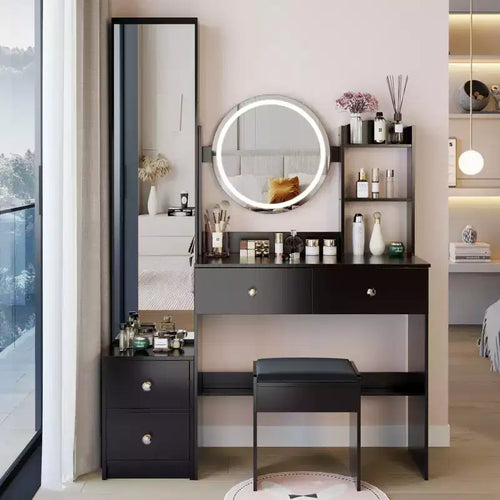 17-Inch Natural Vanity Desk Set with Full-Body Mirror Cabinet and Lights, Cabinet Storage, Matching Stool for Bedroom