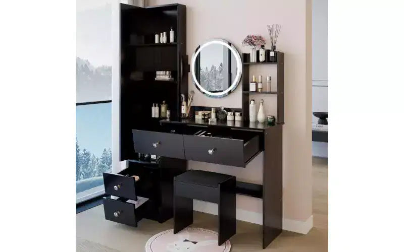 Ensemble de coiffeuse naturelle de 17 pouces avec armoire-miroir pleine longueur et lumières, rangement et tabouret assorti pour chambre à coucher