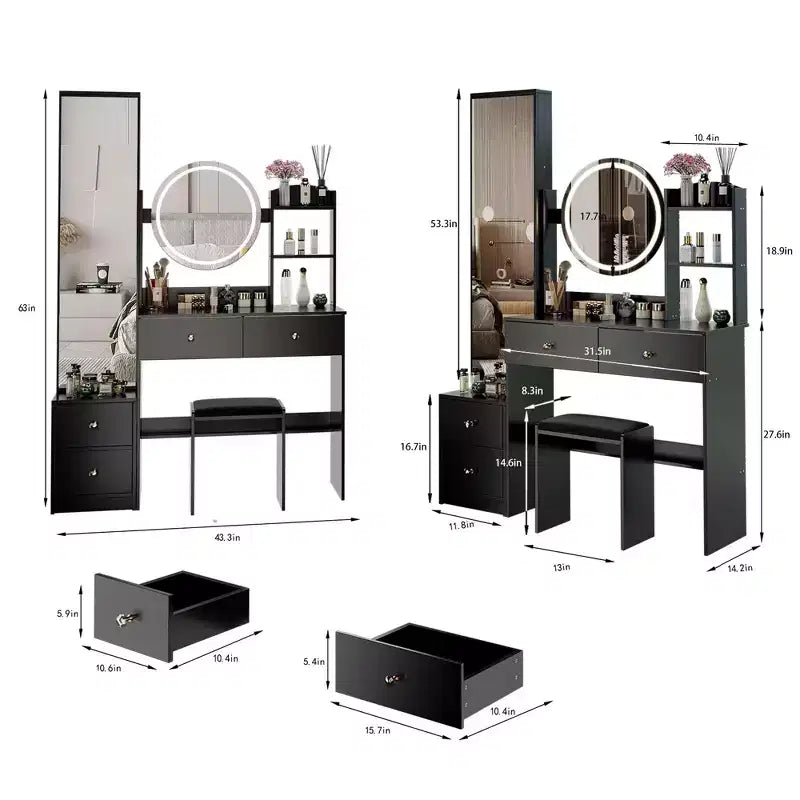 Ensemble de coiffeuse naturelle de 17 pouces avec armoire-miroir pleine longueur et lumières, rangement et tabouret assorti pour chambre à coucher