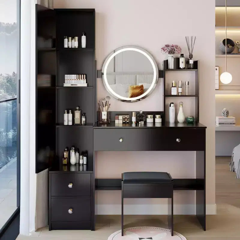 Ensemble de coiffeuse naturelle de 17 pouces avec armoire-miroir pleine longueur et lumières, rangement et tabouret assorti pour chambre à coucher