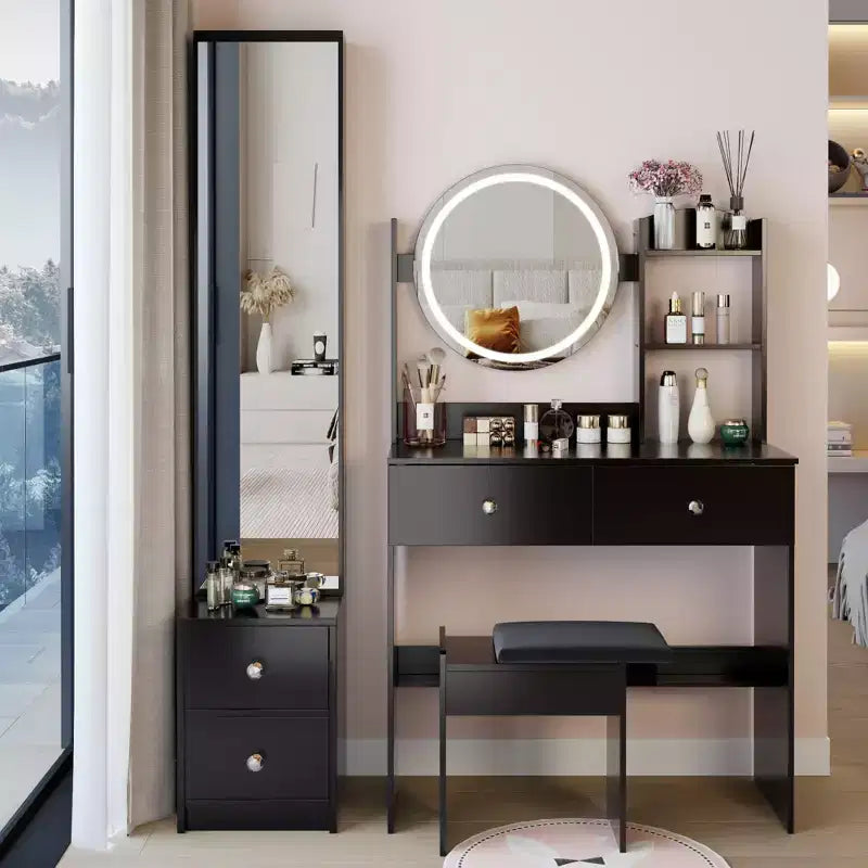 Ensemble de coiffeuse naturelle de 17 pouces avec armoire-miroir pleine longueur et lumières, rangement et tabouret assorti pour chambre à coucher