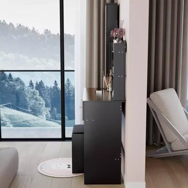 Ensemble de coiffeuse naturelle de 17 pouces avec armoire-miroir pleine longueur et lumières, rangement et tabouret assorti pour chambre à coucher
