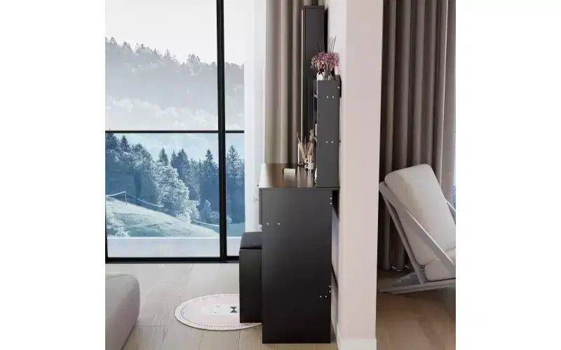 Ensemble de coiffeuse naturelle de 17 pouces avec armoire-miroir pleine longueur et lumières, rangement et tabouret assorti pour chambre à coucher