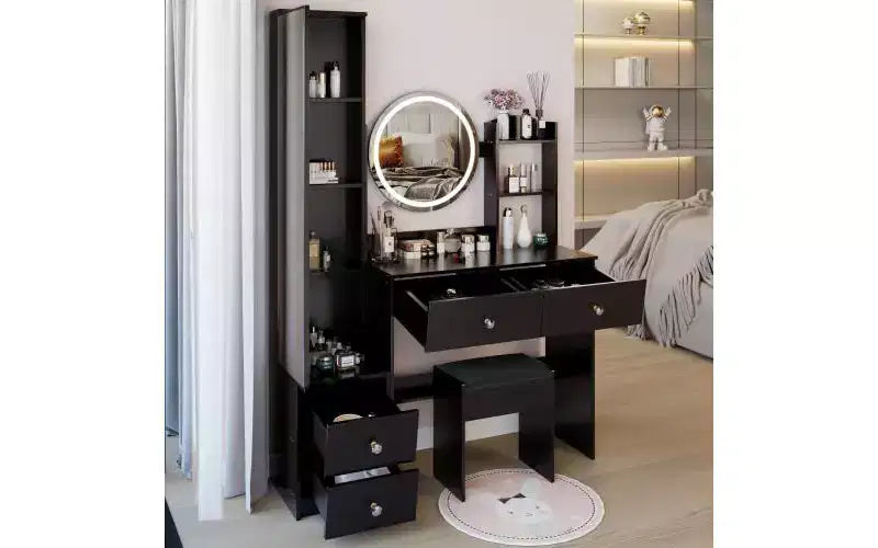 Ensemble de coiffeuse naturelle de 17 pouces avec armoire-miroir pleine longueur et lumières, rangement et tabouret assorti pour chambre à coucher