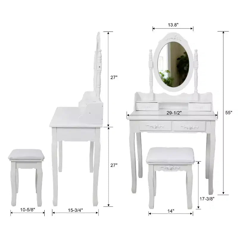 Coiffeuse Maquillage Moderne avec Miroir, 4 Tiroirs, Tabouret Assorti pour Chambres de Filles, Finition Blanche, Design Compact