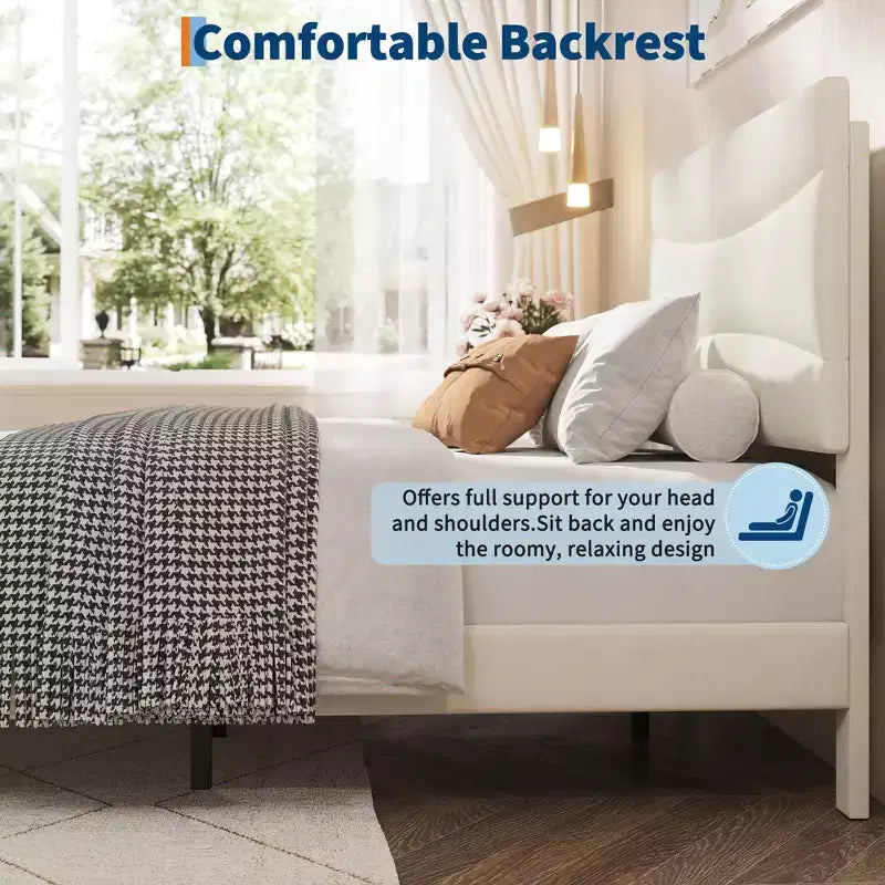COZONY Cadre de Lit Plateforme Rembourré en Velours avec Tête de Lit, Aucun Sommier Tapissier Requis, Support à Lattes en Bois, Rangement Sous le Lit, Silencieux, Facile à Assembler
