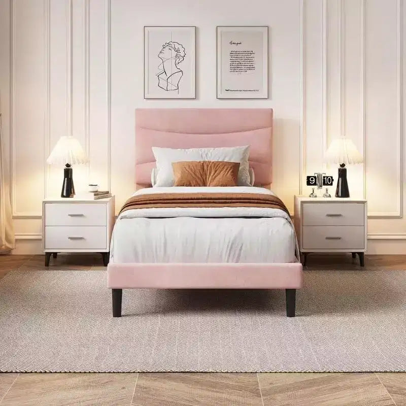 COZONY Cadre de Lit Plateforme Rembourré en Velours avec Tête de Lit, Aucun Sommier Tapissier Requis, Support à Lattes en Bois, Rangement Sous le Lit, Silencieux, Facile à Assembler