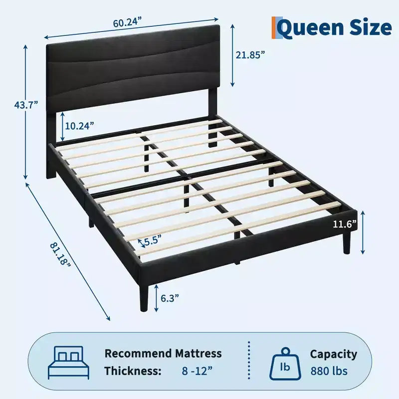 COZONY Cadre de Lit Plateforme Rembourré en Velours avec Tête de Lit, Aucun Sommier Tapissier Requis, Support à Lattes en Bois, Rangement Sous le Lit, Silencieux, Facile à Assembler