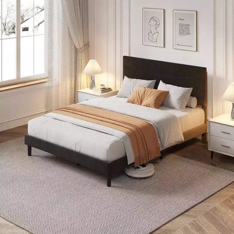 COZONY Cadre de Lit Plateforme Rembourré en Velours avec Tête de Lit, Aucun Sommier Tapissier Requis, Support à Lattes en Bois, Rangement Sous le Lit, Silencieux, Facile à Assembler