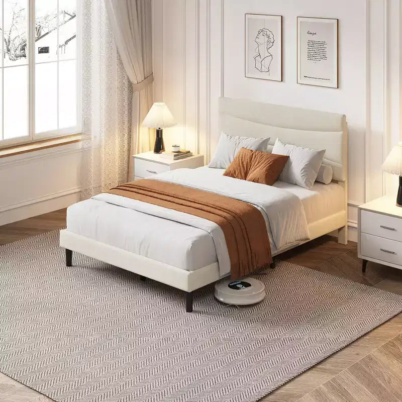 COZONY Cadre de Lit Plateforme Rembourré en Velours avec Tête de Lit, Aucun Sommier Tapissier Requis, Support à Lattes en Bois, Rangement Sous le Lit, Silencieux, Facile à Assembler