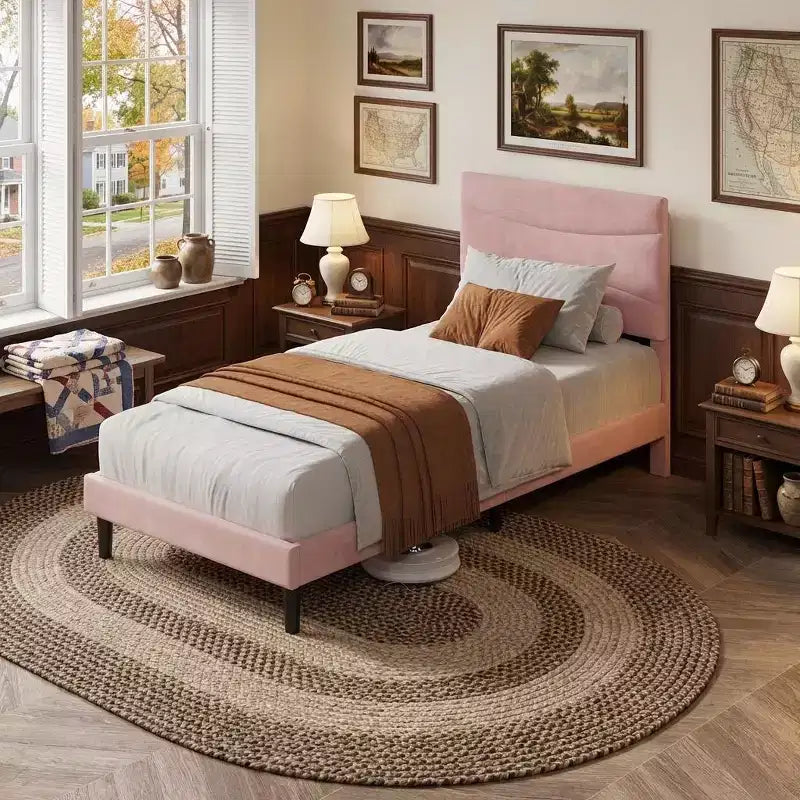 COZONY Cadre de Lit Plateforme Rembourré en Velours avec Tête de Lit, Aucun Sommier Tapissier Requis, Support à Lattes en Bois, Rangement Sous le Lit, Silencieux, Facile à Assembler