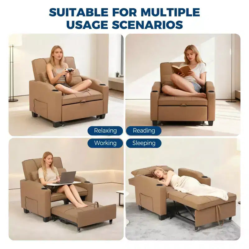 Fauteuil-lit convertible 3-en-1 moderne avec dossier réglable, port de charge USB, porte-gobelets et poches latérales pour chambre ou salon