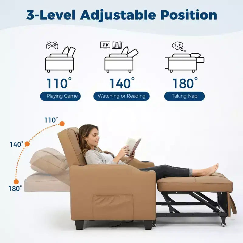 Fauteuil-lit convertible 3-en-1 moderne avec dossier réglable, port de charge USB, porte-gobelets et poches latérales pour chambre ou salon