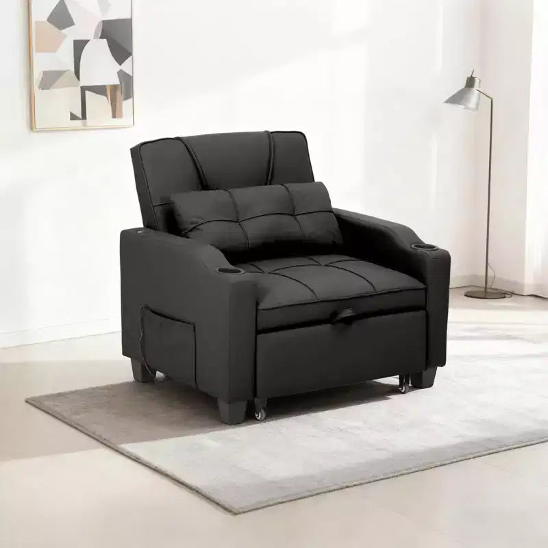 Fauteuil-lit convertible 3-en-1 moderne avec dossier réglable, port de charge USB, porte-gobelets et poches latérales pour chambre ou salon