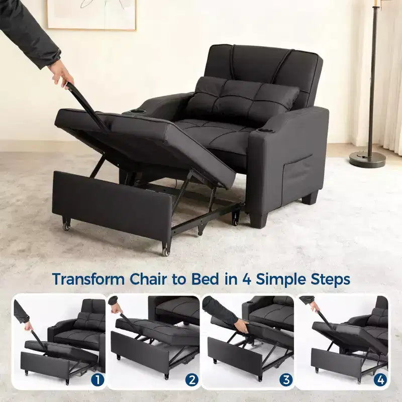 Fauteuil-lit convertible 3-en-1 moderne avec dossier réglable, port de charge USB, porte-gobelets et poches latérales pour chambre ou salon