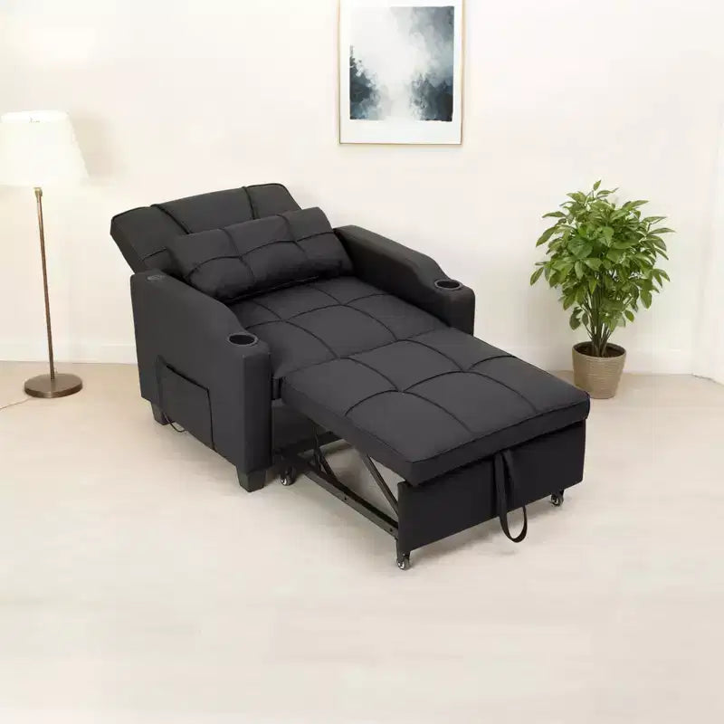 Fauteuil-lit convertible 3-en-1 moderne avec dossier réglable, port de charge USB, porte-gobelets et poches latérales pour chambre ou salon