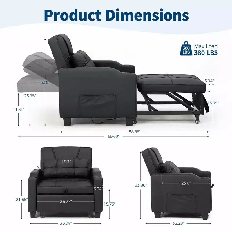 Fauteuil-lit convertible 3-en-1 moderne avec dossier réglable, port de charge USB, porte-gobelets et poches latérales pour chambre ou salon