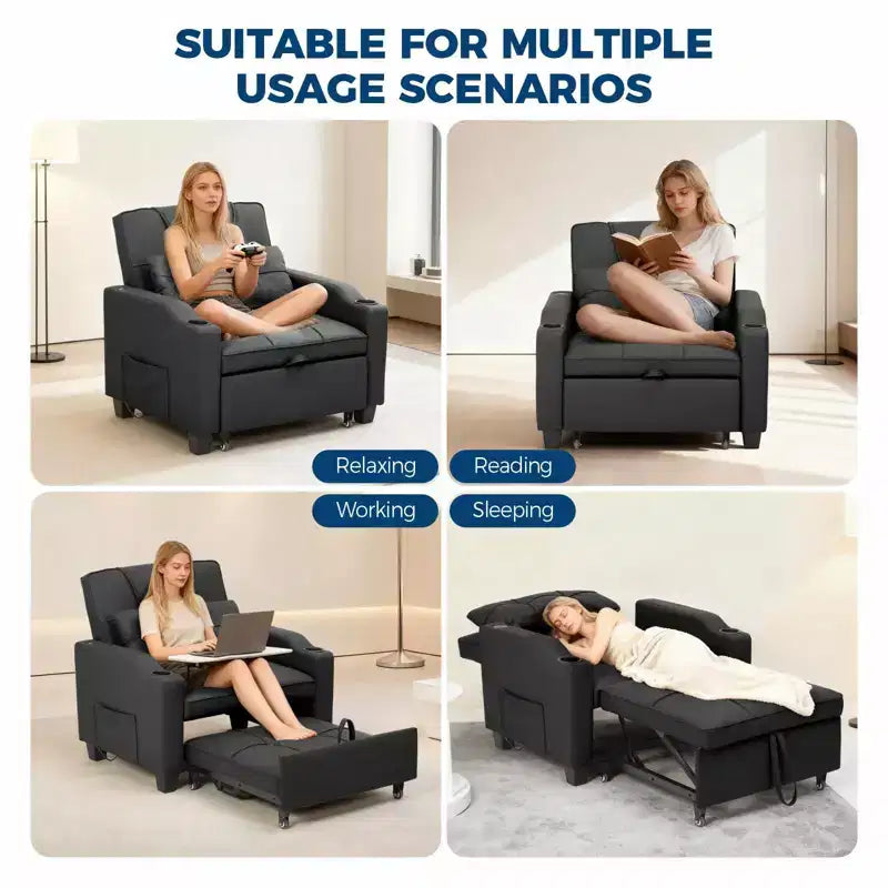 Fauteuil-lit convertible 3-en-1 moderne avec dossier réglable, port de charge USB, porte-gobelets et poches latérales pour chambre ou salon