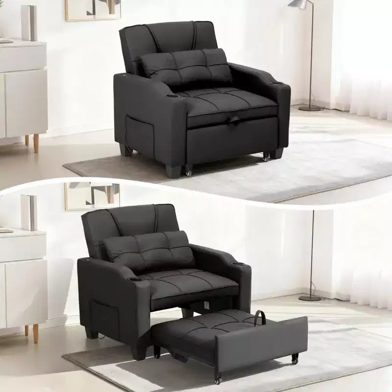 Modern 3-in-1 Convertible Sleeper Chair Bed Pull-Out Sofa with Adjustable Backrest USB Charging Cup Holders Side Pockets for Bedroom Living Room