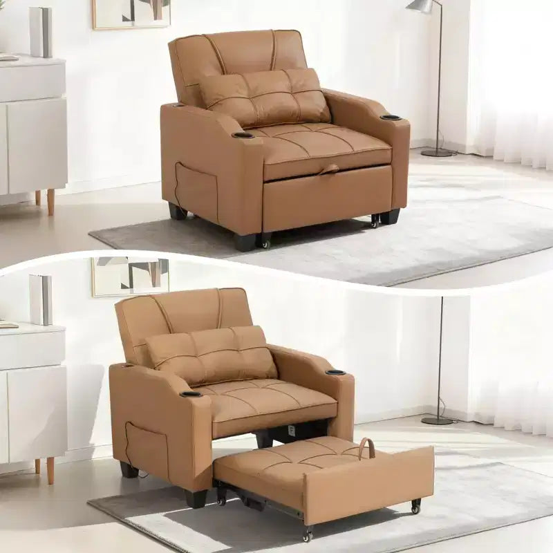 Fauteuil-lit convertible 3-en-1 moderne avec dossier réglable, port de charge USB, porte-gobelets et poches latérales pour chambre ou salon