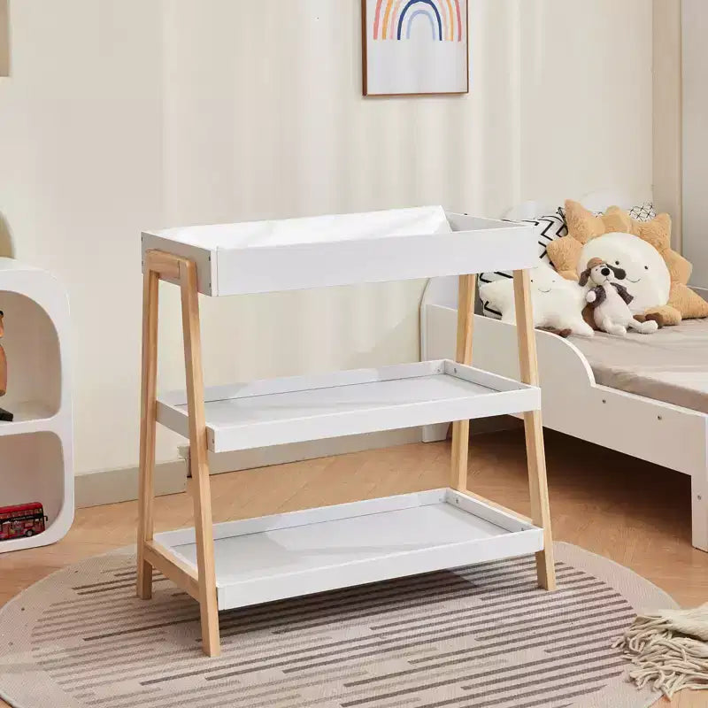 Table à langer moderne avec matelas imperméable et 2 étagères de rangement, Meuble de puériculture portable en bois pour nouveau-nés/bébés, Bois+Blanc