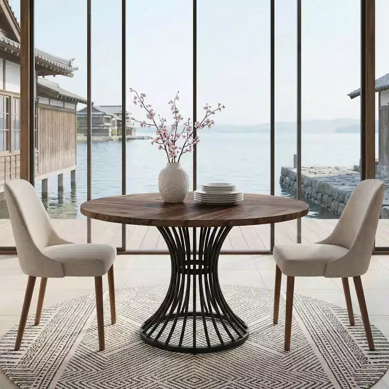 MAYEERTY 47 Round Hourglass Farmhouse Dining Table, MDF Top & Metal Base, 6-Person Versatile Table for Home & Cafe