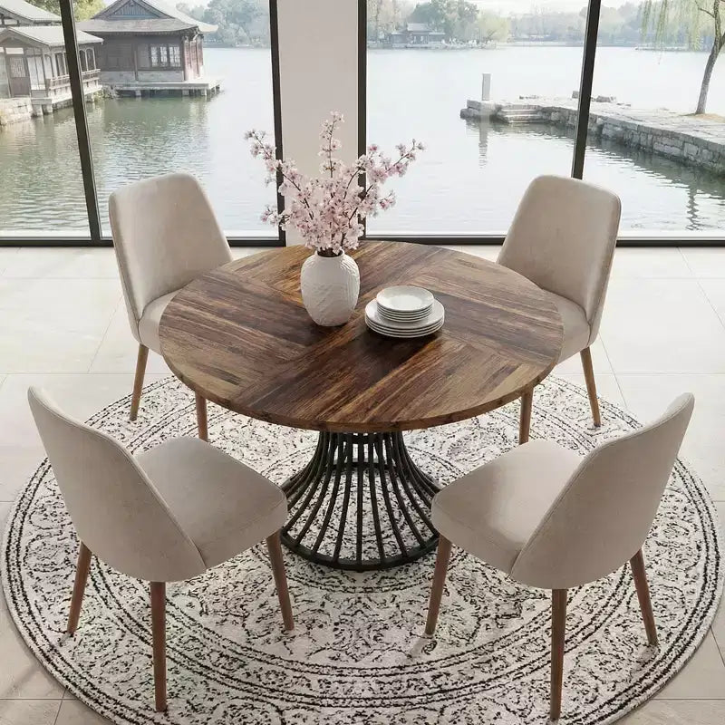 Table de salle à manger de ferme MAYEERTY 47 ronde avec sablier, plateau en MDF et base en métal, table polyvalente 6 personnes pour la maison et le café