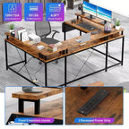 Grand bureau d'angle en U avec prises électriques, lumières LED, support d'écran et rangements pour bureau à domicile et usage professionnel