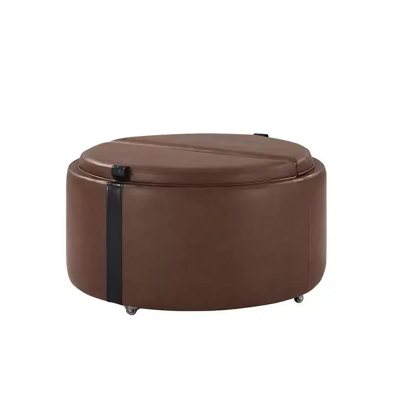 Whisen 29 Pouf de rangement rond moderne, pouf roulant, pouf table basse avec roulettes, deux couvercles réversibles, structure en bois massif