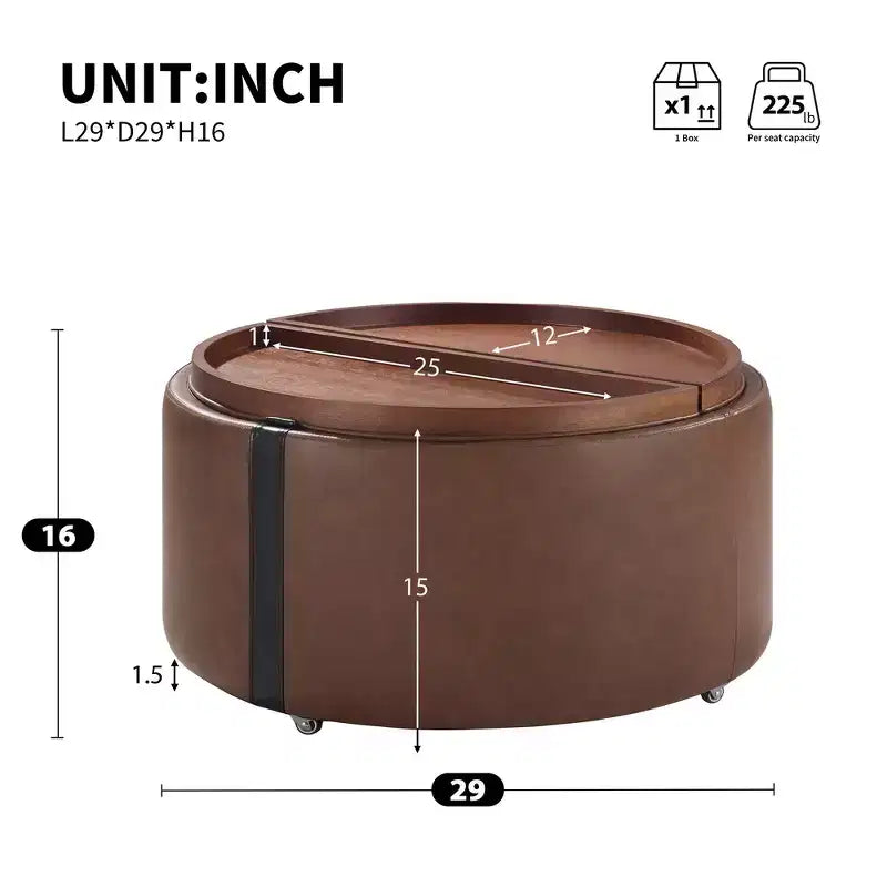 Whisen 29 Pouf de rangement rond moderne, pouf roulant, pouf table basse avec roulettes, deux couvercles réversibles, structure en bois massif