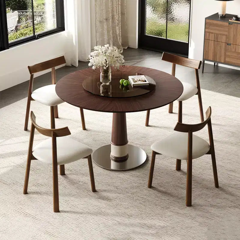 Ensemble de salle à manger rond 5 pièces Torres de GDFStudio en bois massif avec plateau tournant en verre trempé et 4 chaises
