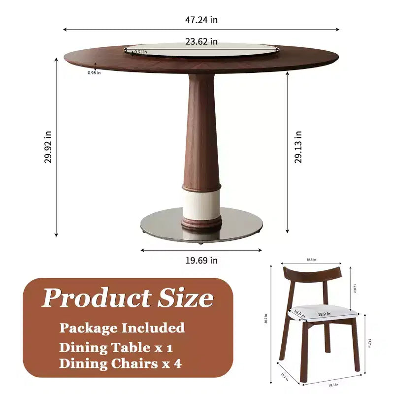 Ensemble de salle à manger rond 5 pièces Torres de GDFStudio en bois massif avec plateau tournant en verre trempé et 4 chaises
