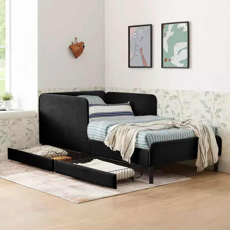 Lit de repos double/grand format, cadre de lit plateforme en velours avec 2 tiroirs, canapé-lit réglable - ModernLuxe