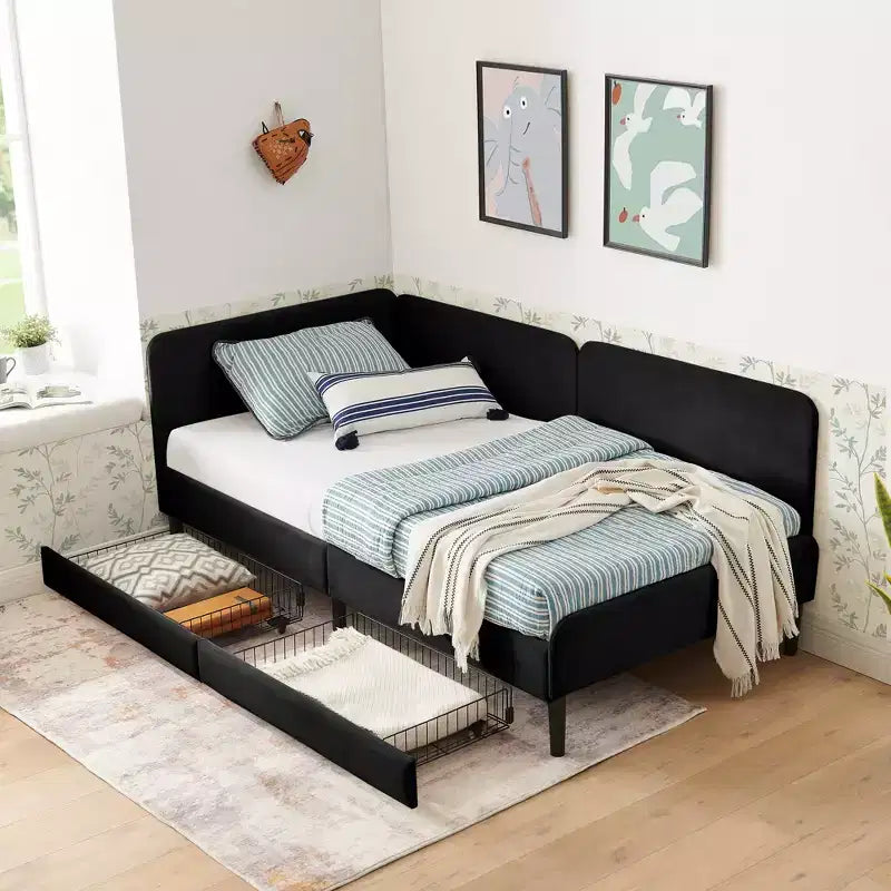 Lit de repos double/grand format, cadre de lit plateforme en velours avec 2 tiroirs, canapé-lit réglable - ModernLuxe