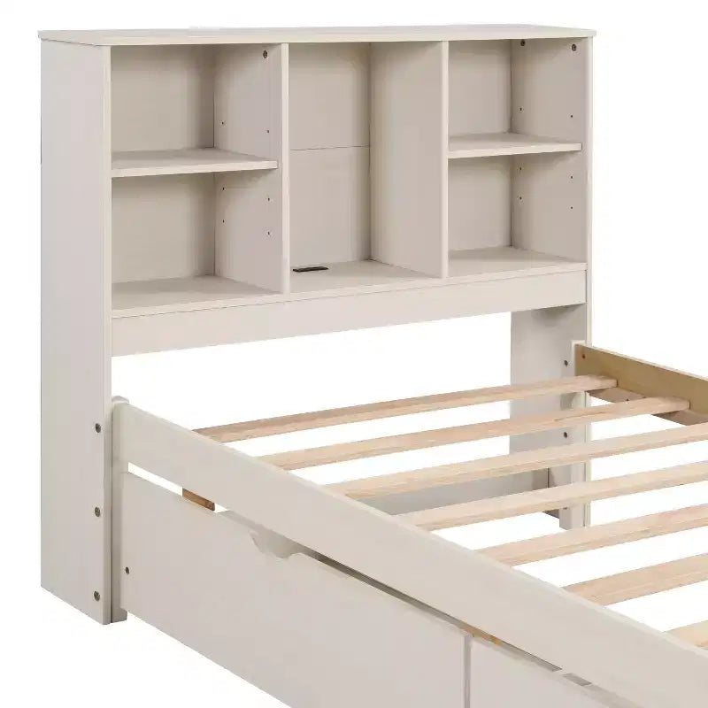 Cadre de lit double avec tête de lit bibliothèque, port USB et 2 tiroirs, lit de rangement moderne, finition blanc lavé