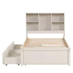 Cadre de lit double avec tête de lit bibliothèque, port USB et 2 tiroirs, lit de rangement moderne, finition blanc lavé