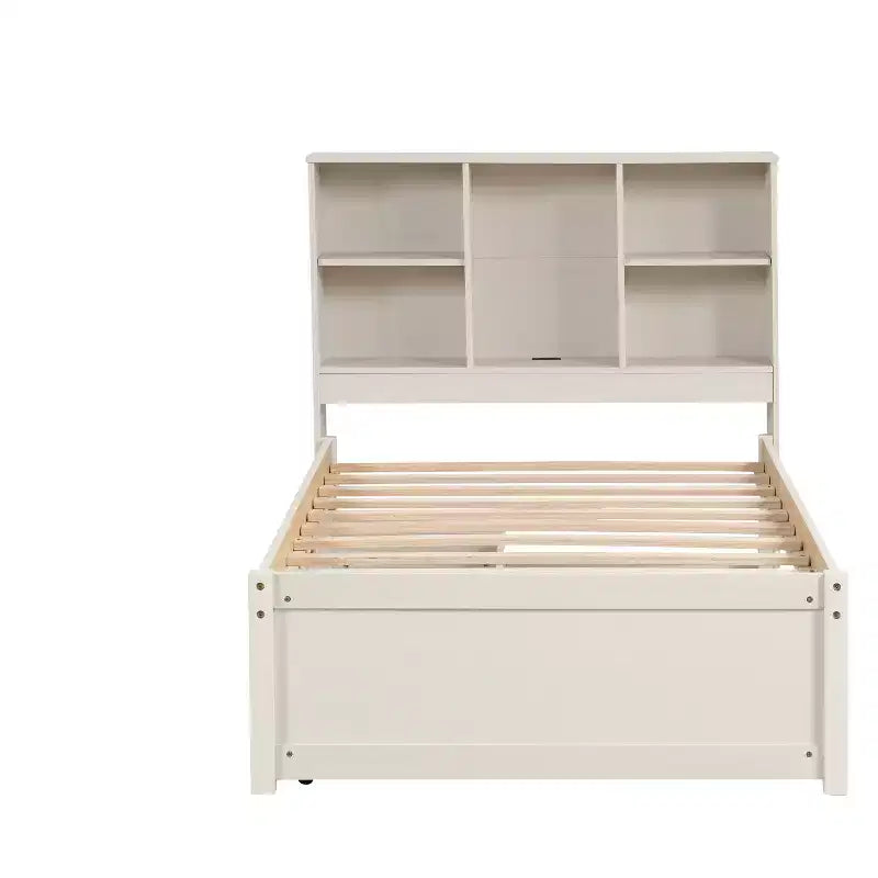 Cadre de lit double avec tête de lit bibliothèque, port USB et 2 tiroirs, lit de rangement moderne, finition blanc lavé