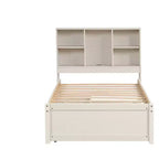 Cadre de lit double avec tête de lit bibliothèque, port USB et 2 tiroirs, lit de rangement moderne, finition blanc lavé