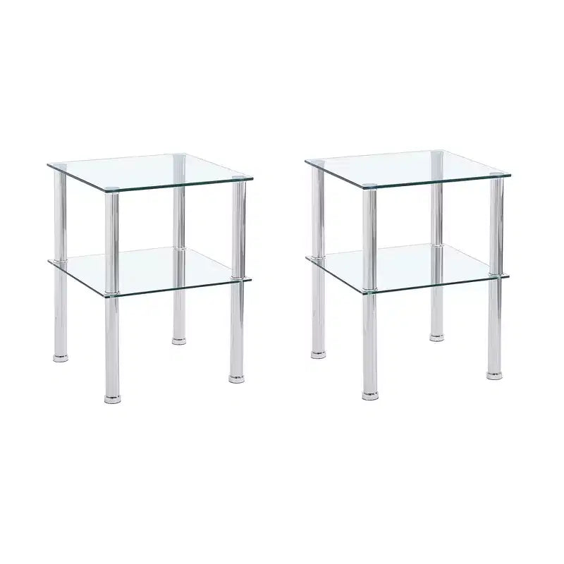 Set of 2 Clear Glass End Tables, 2-Tier Modern Nightstands with Storage Shelf for Living Room and Bedroom